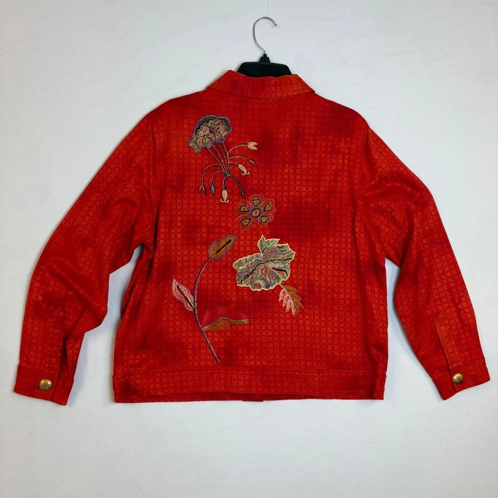 Vintage Drapers & Damons Red Floral Embroidered Button Front Jacket Large Loud‎